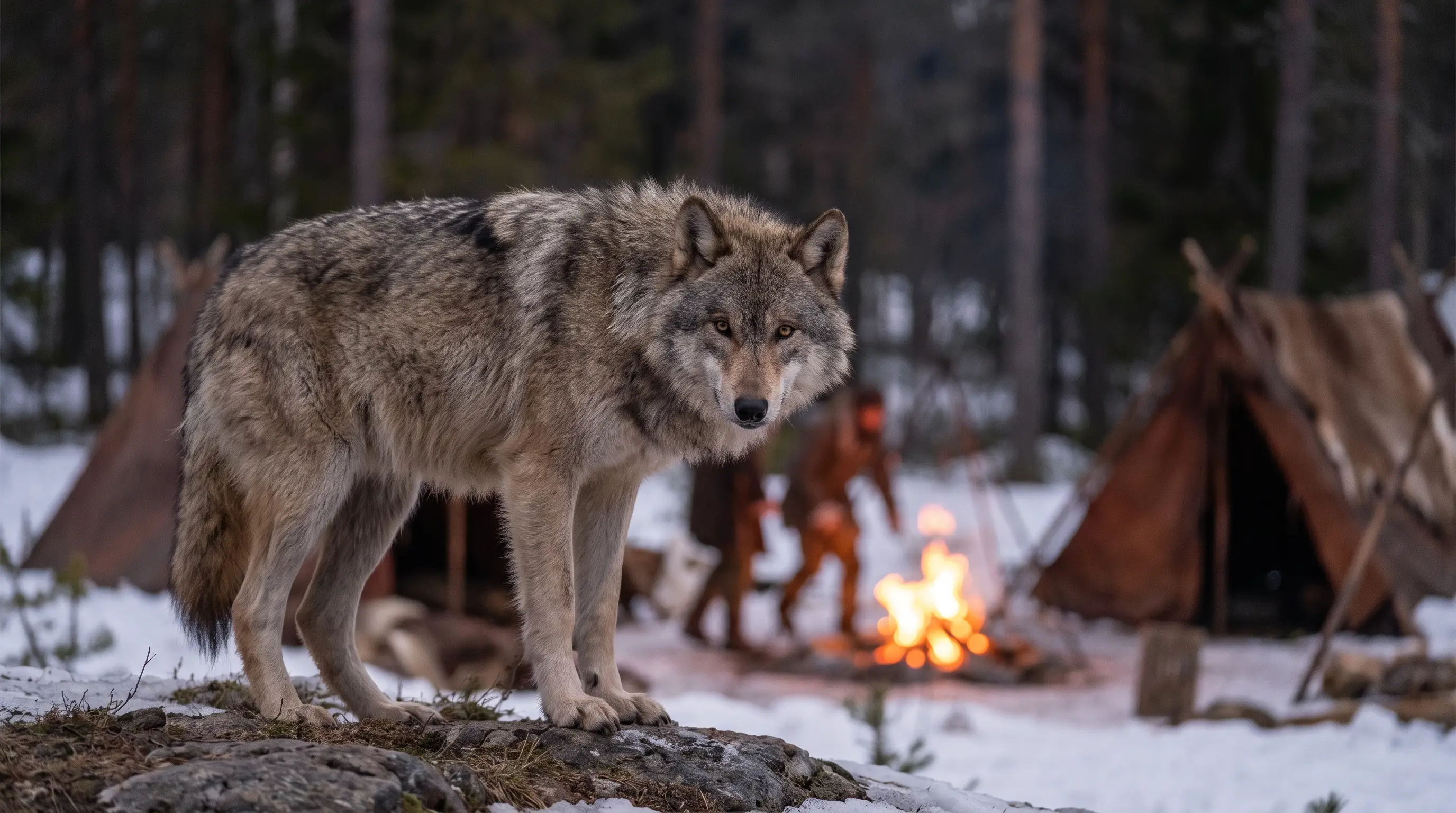 A large Ice Age wolf standing at the edge of a firelit hunter-gatherer camp at dusk