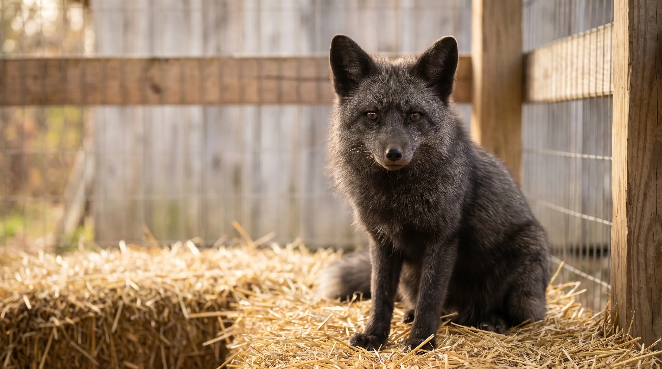 A tame silver fox with soft features looking calmly toward the camera